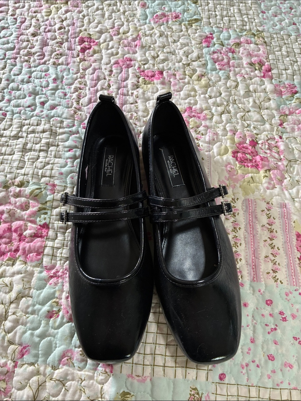 RACHEL Rachel Roy Black Patent Double-Strap Square-Toe Flats
